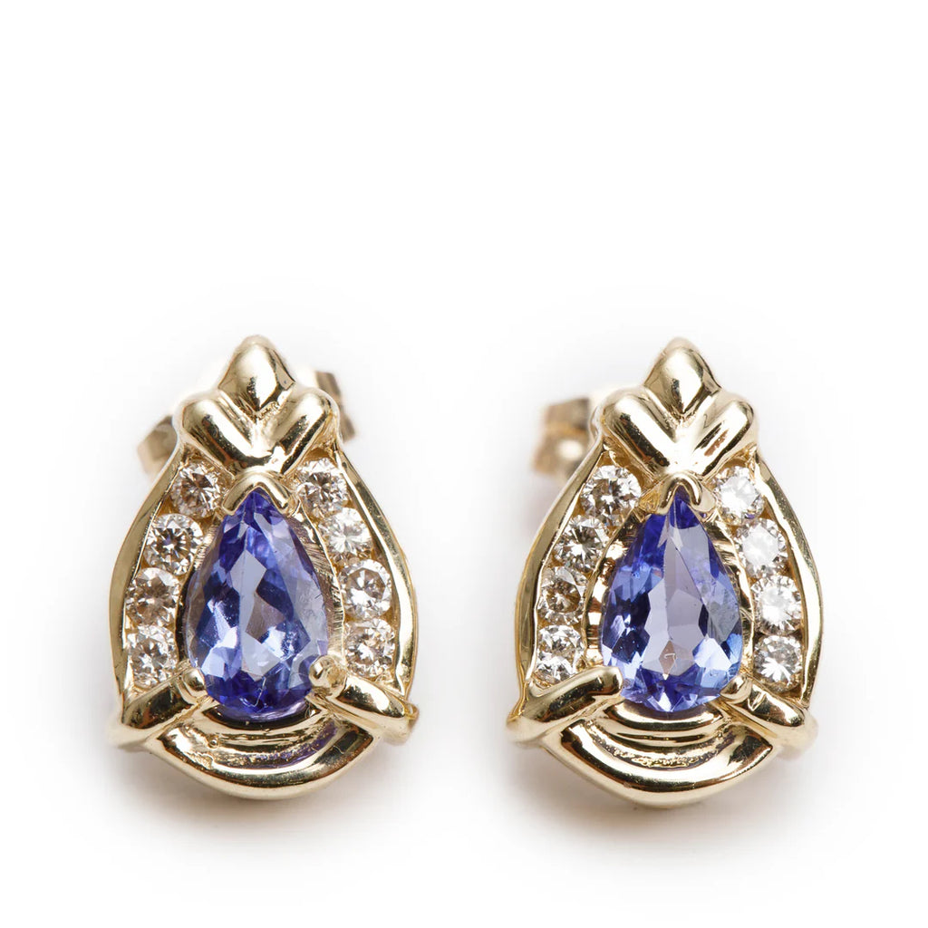 14k Yellow Gold Tanzanite &amp; Diamond Stud Earrings