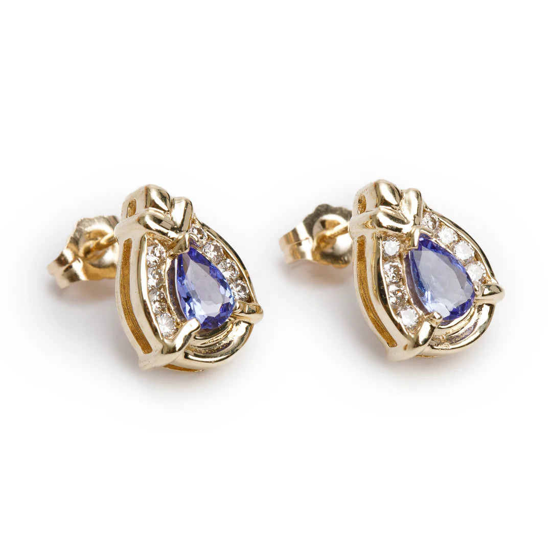 14k Yellow Gold Tanzanite &amp; Diamond Stud Earrings