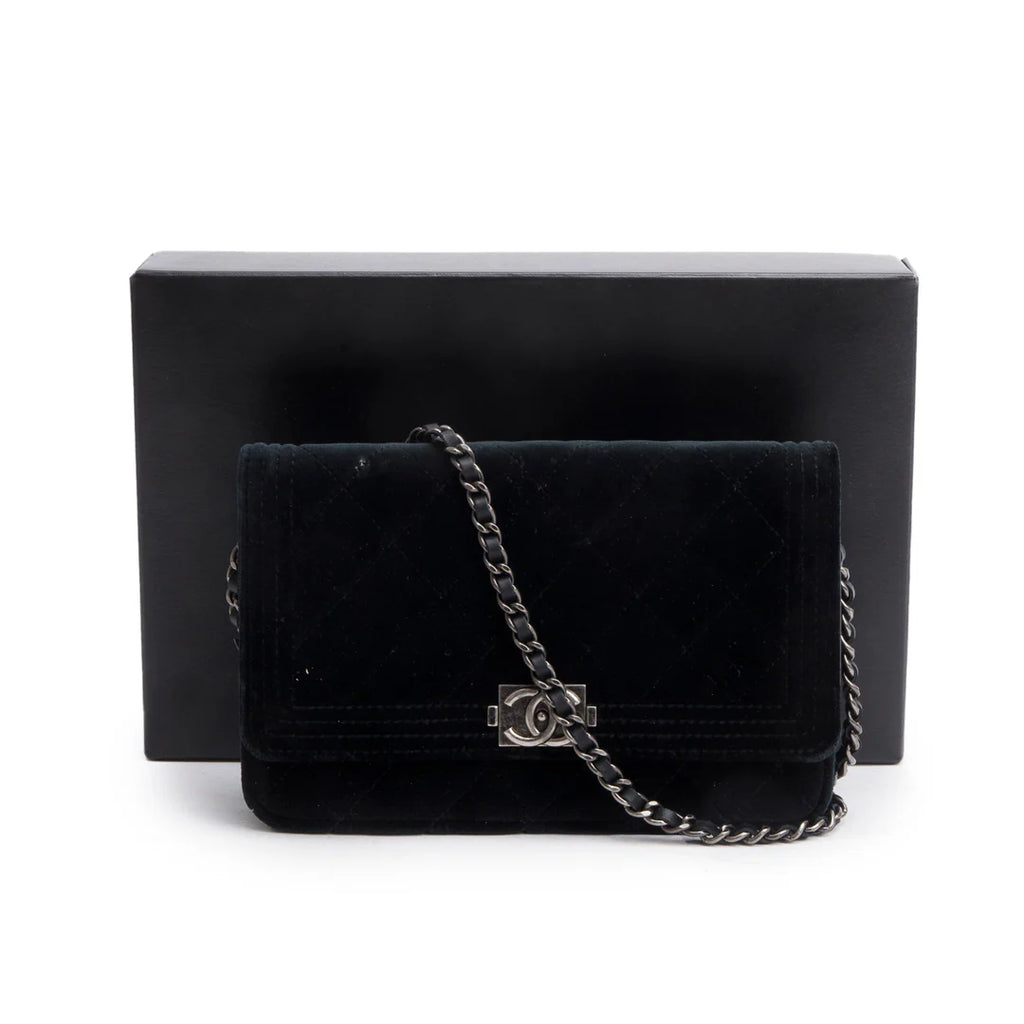 Black Quilted Velvet Boy Wallet on Chain w/ Box &amp; Authenticity Card