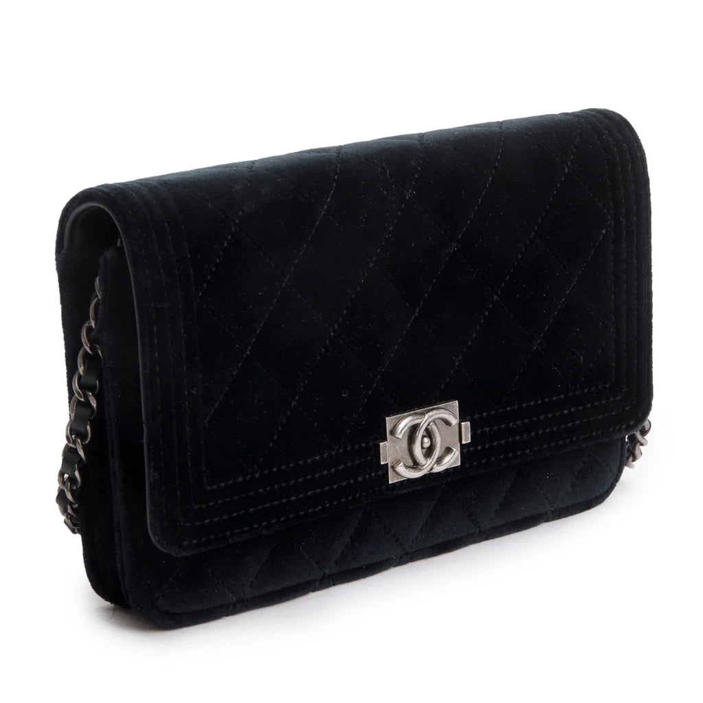 Black Quilted Velvet Boy Wallet on Chain w/ Box &amp; Authenticity Card