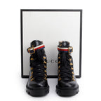 Black Calfskin Leather Web Slyvie Lace Up Combat Boots, Size 40 w/ B