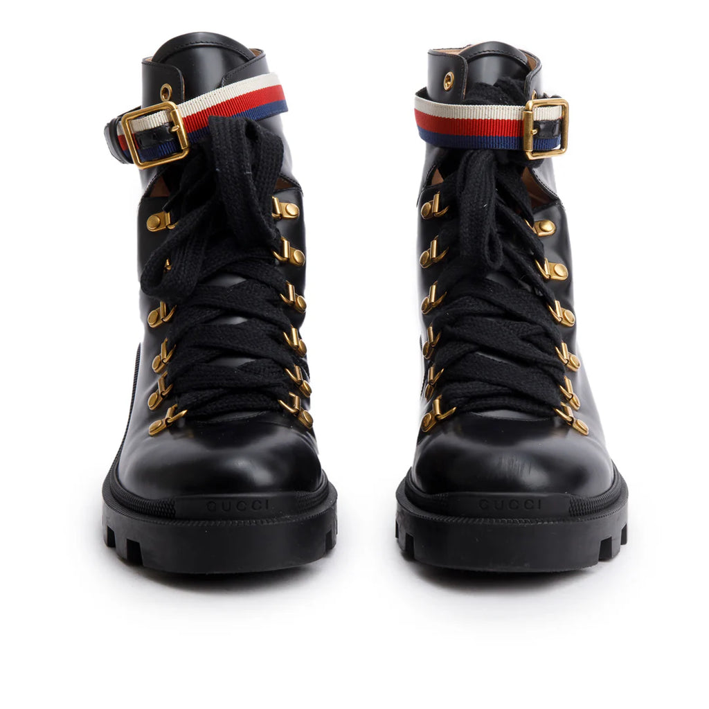 Black Calfskin Leather Web Slyvie Lace Up Combat Boots, Size 40 w/ B