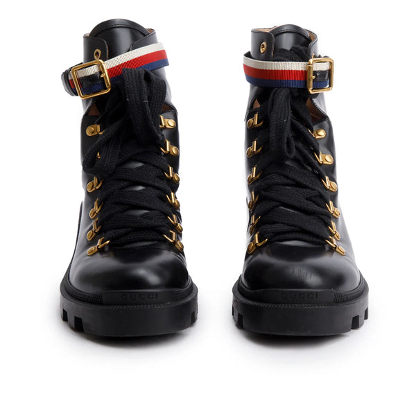 Black Calfskin Leather Web Slyvie Lace Up Combat Boots, Size 40 w/ B