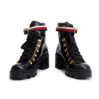 Black Calfskin Leather Web Slyvie Lace Up Combat Boots, Size 40 w/ B