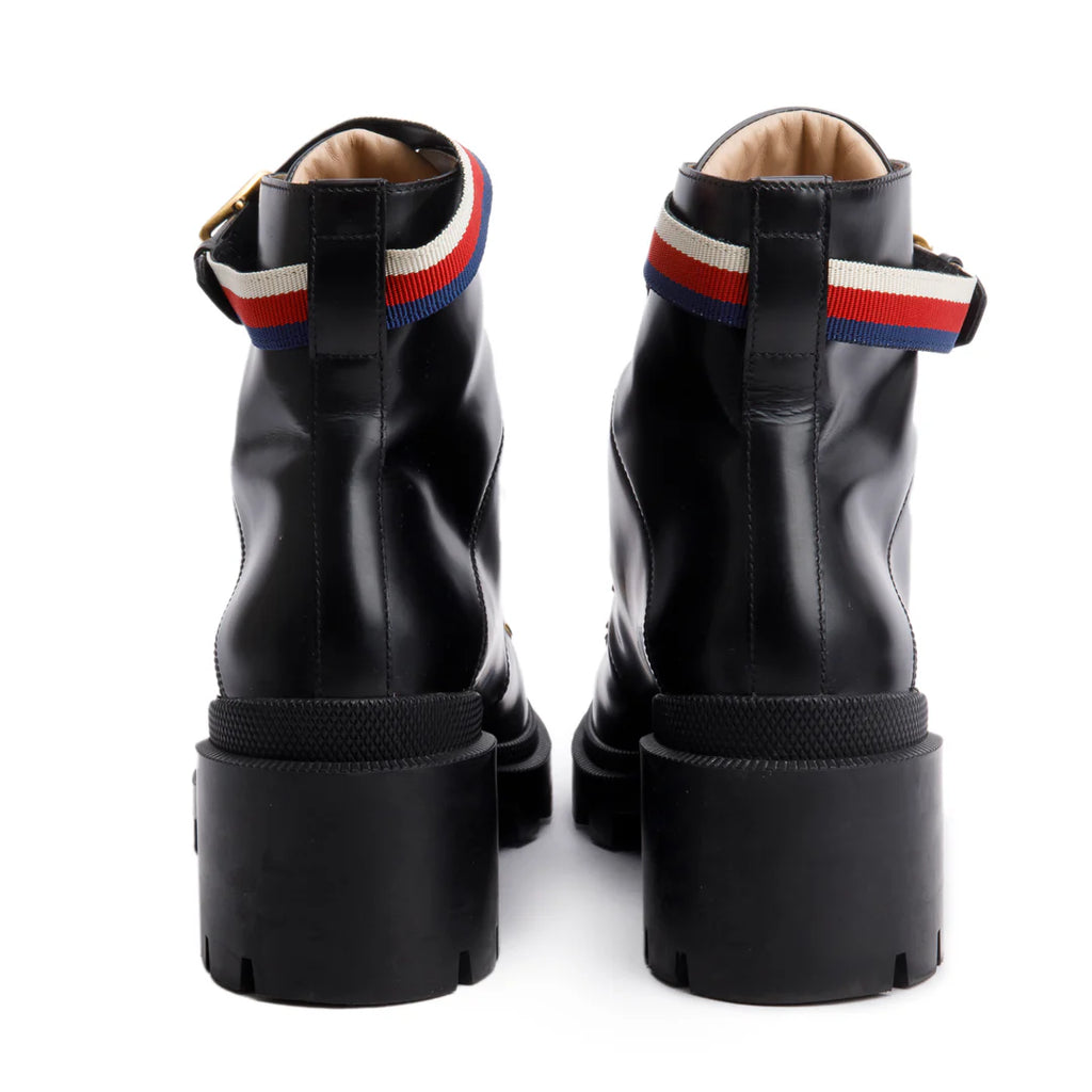 Black Calfskin Leather Web Slyvie Lace Up Combat Boots, Size 40 w/ B