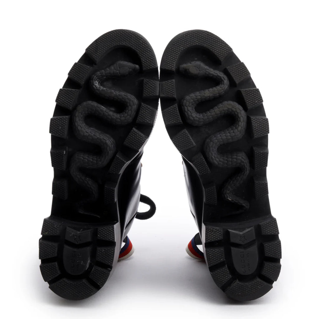 Black Calfskin Leather Web Slyvie Lace Up Combat Boots, Size 40 w/ B