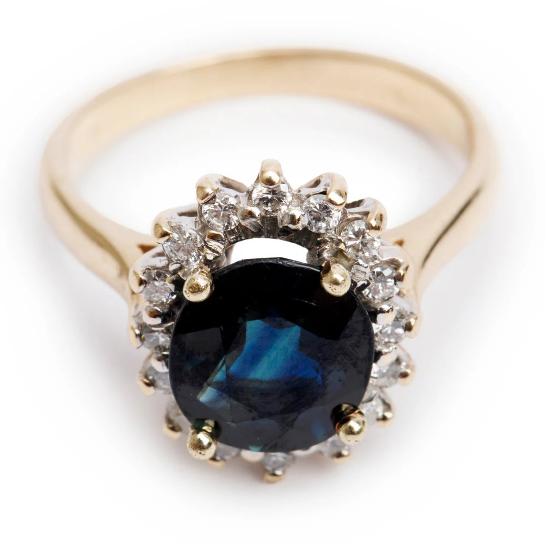 14k Yellow Gold Sapphire and Diamond Ring, Size 6