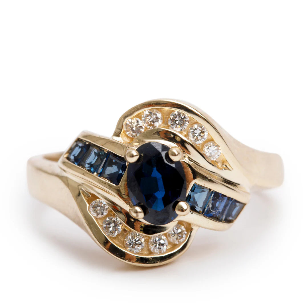 14k Yellow Gold Sapphire and Diamond Ring, Size 6.5