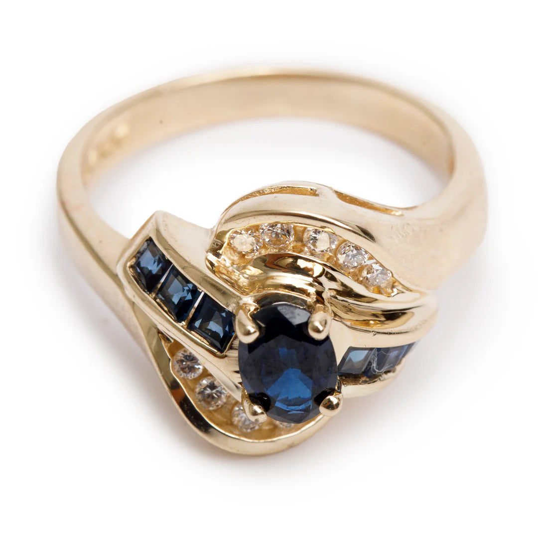 14k Yellow Gold Sapphire and Diamond Ring, Size 6.5