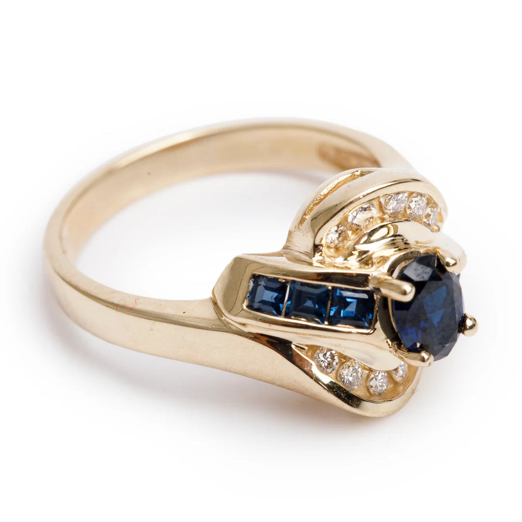 14k Yellow Gold Sapphire and Diamond Ring, Size 6.5