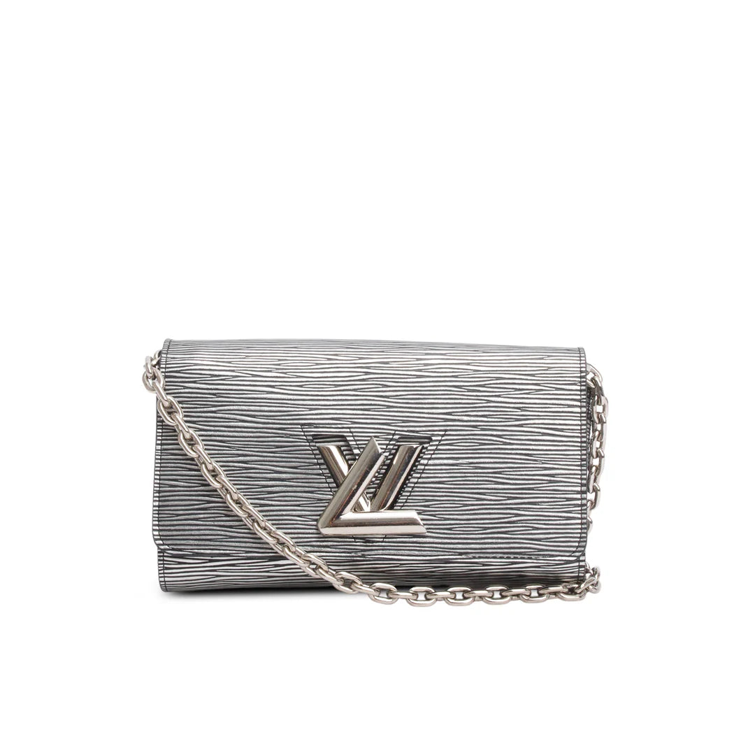 Silver Metallic Epi Leather Twist Chain Wallet