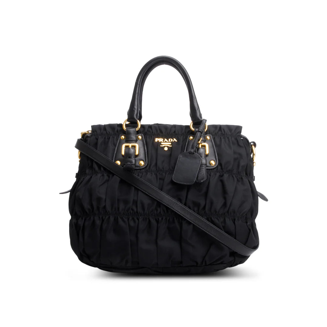 Black Leather-Trimmed Tessuto Gaufre Tote w/ Strap
