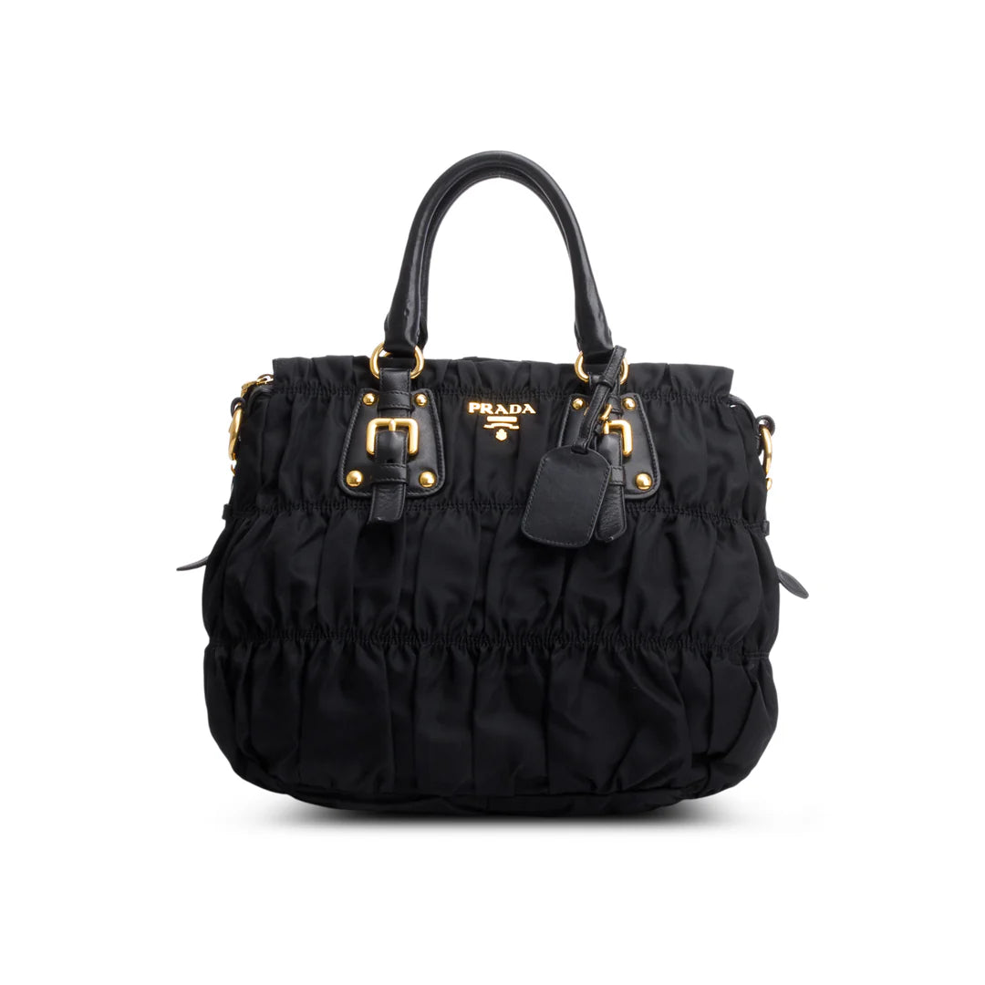 Black Leather-Trimmed Tessuto Gaufre Tote w/ Strap