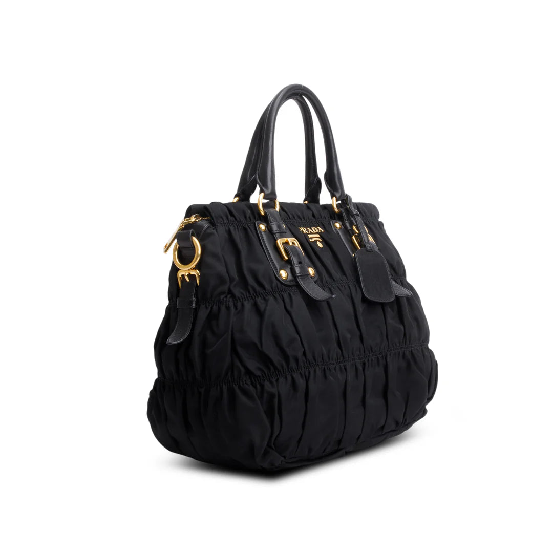 Black Leather-Trimmed Tessuto Gaufre Tote w/ Strap