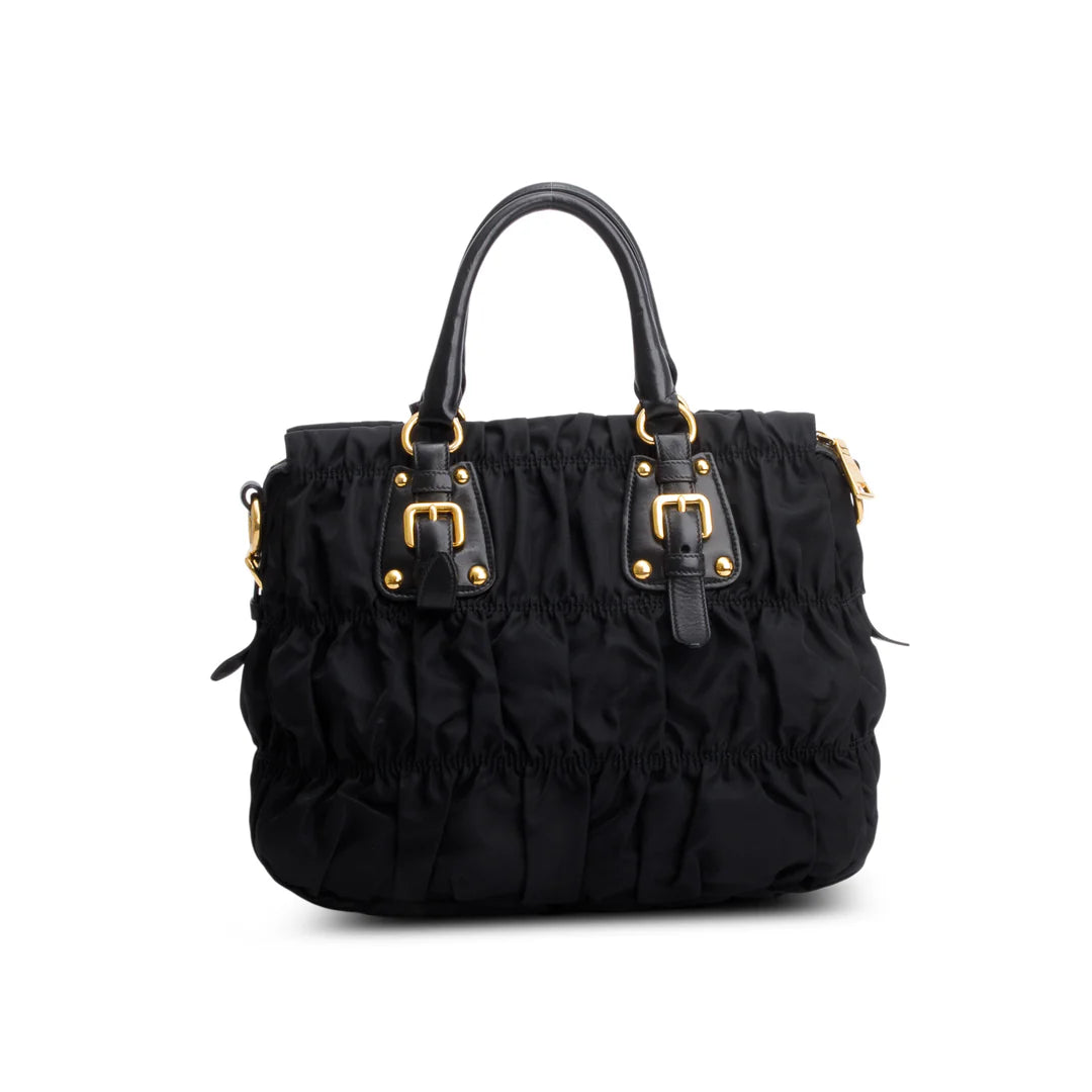 Black Leather-Trimmed Tessuto Gaufre Tote w/ Strap