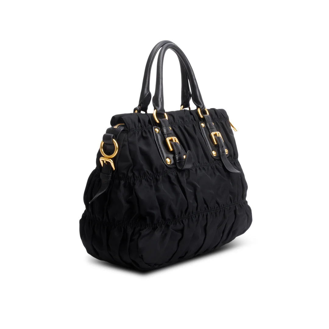 Black Leather-Trimmed Tessuto Gaufre Tote w/ Strap