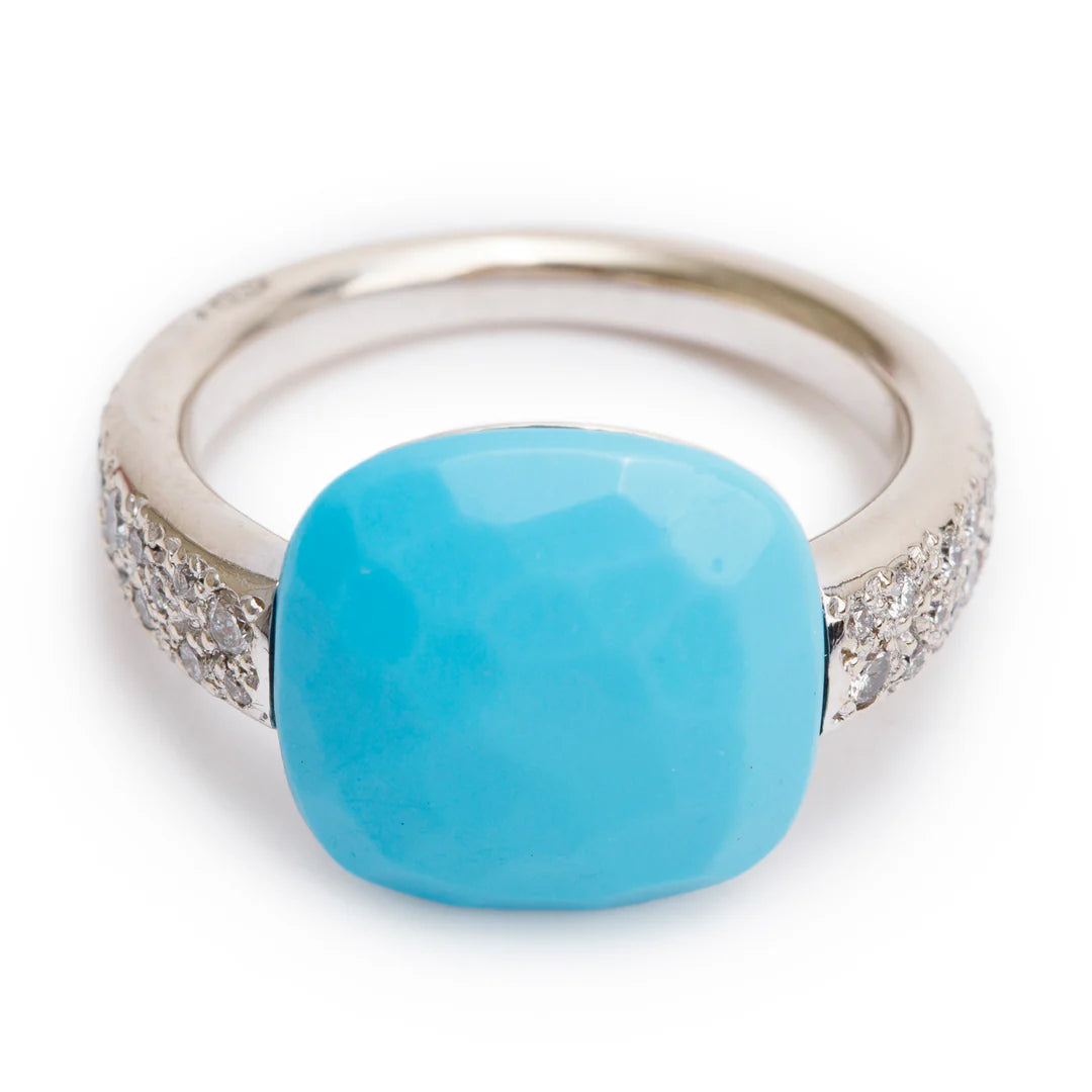 18k White Gold Turquoise &amp; Diamond Capri Ring, Size 4