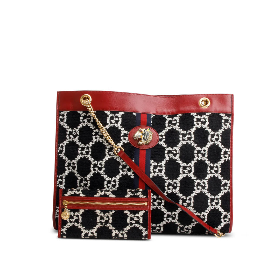 Black Tweed GG Monogram Large Rajah Chain Tote w/ Pouch