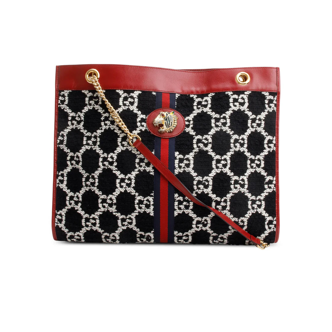 Black Tweed GG Monogram Large Rajah Chain Tote w/ Pouch