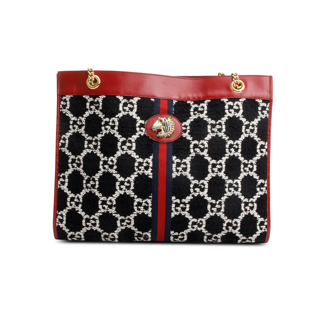 Black Tweed GG Monogram Large Rajah Chain Tote w/ Pouch