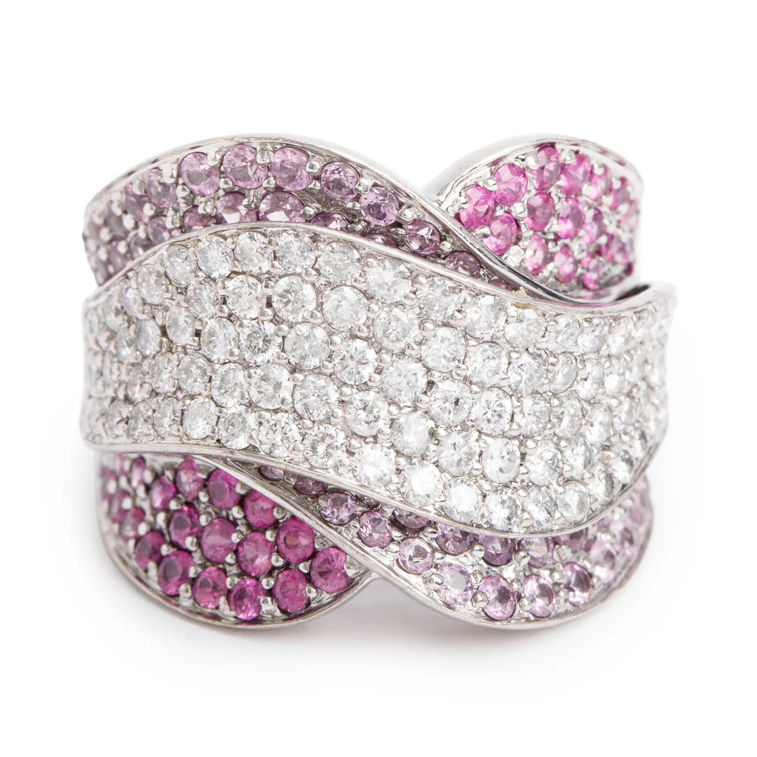 14k White Gold Pink Sapphire &amp; Diamond Cocktail Ring, Size 7.5