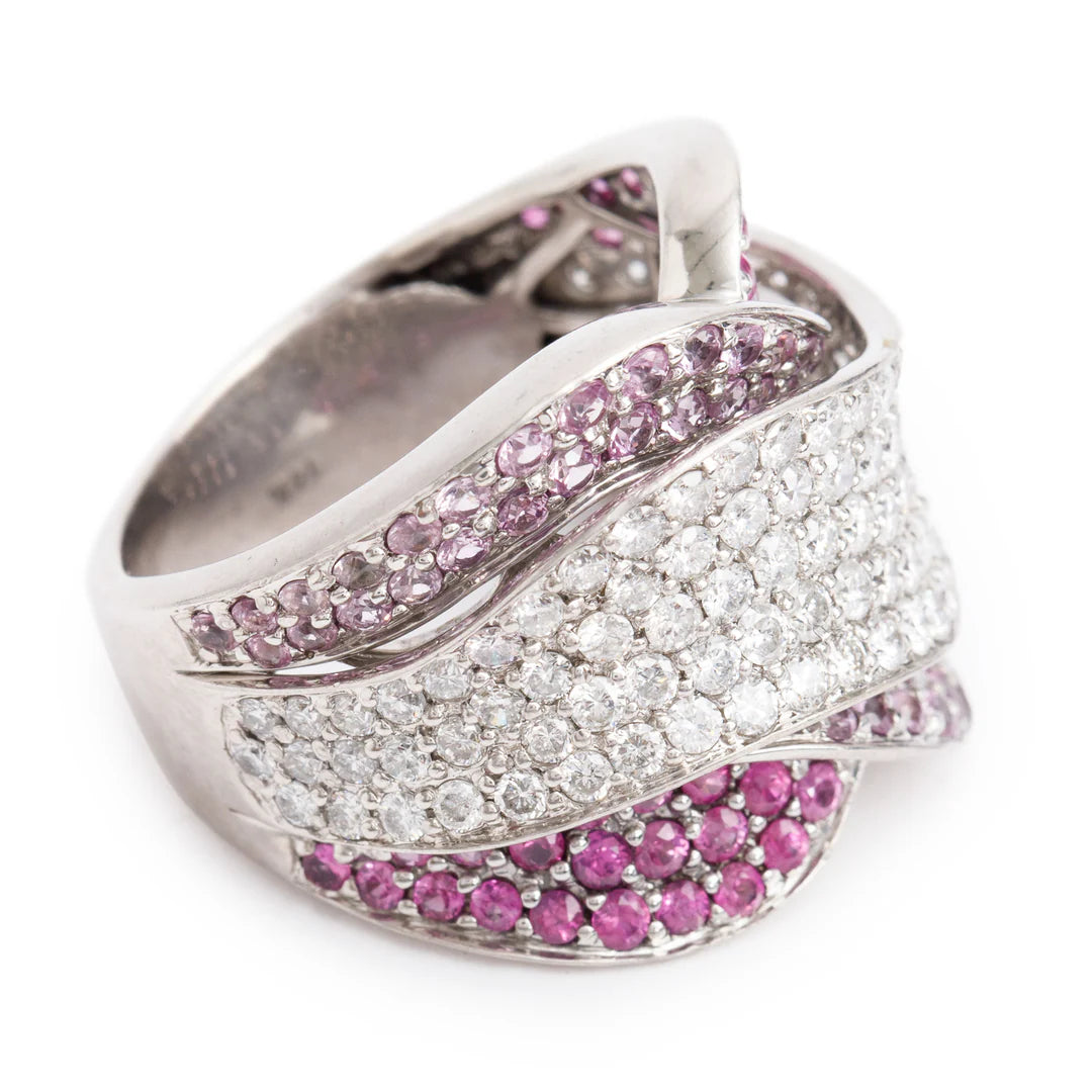 14k White Gold Pink Sapphire &amp; Diamond Cocktail Ring, Size 7.5