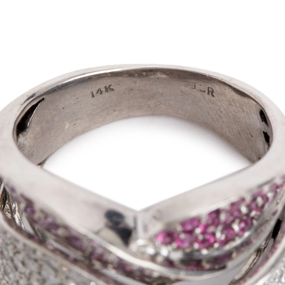 14k White Gold Pink Sapphire &amp; Diamond Cocktail Ring, Size 7.5