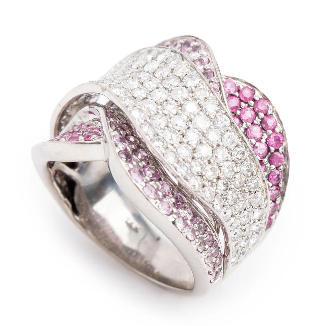 14k White Gold Pink Sapphire &amp; Diamond Cocktail Ring, Size 7.5
