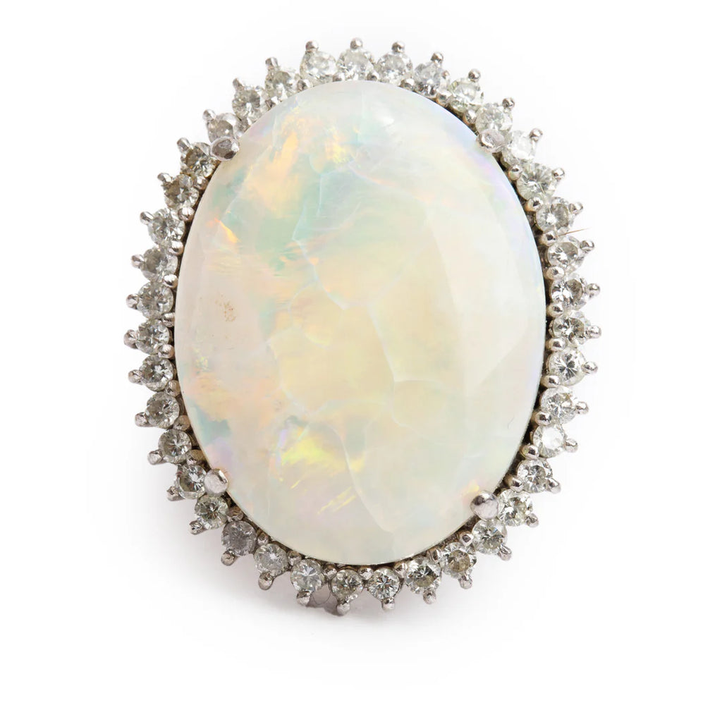 14k White Gold Opal and Diamond Cocktail Ring, Size 5