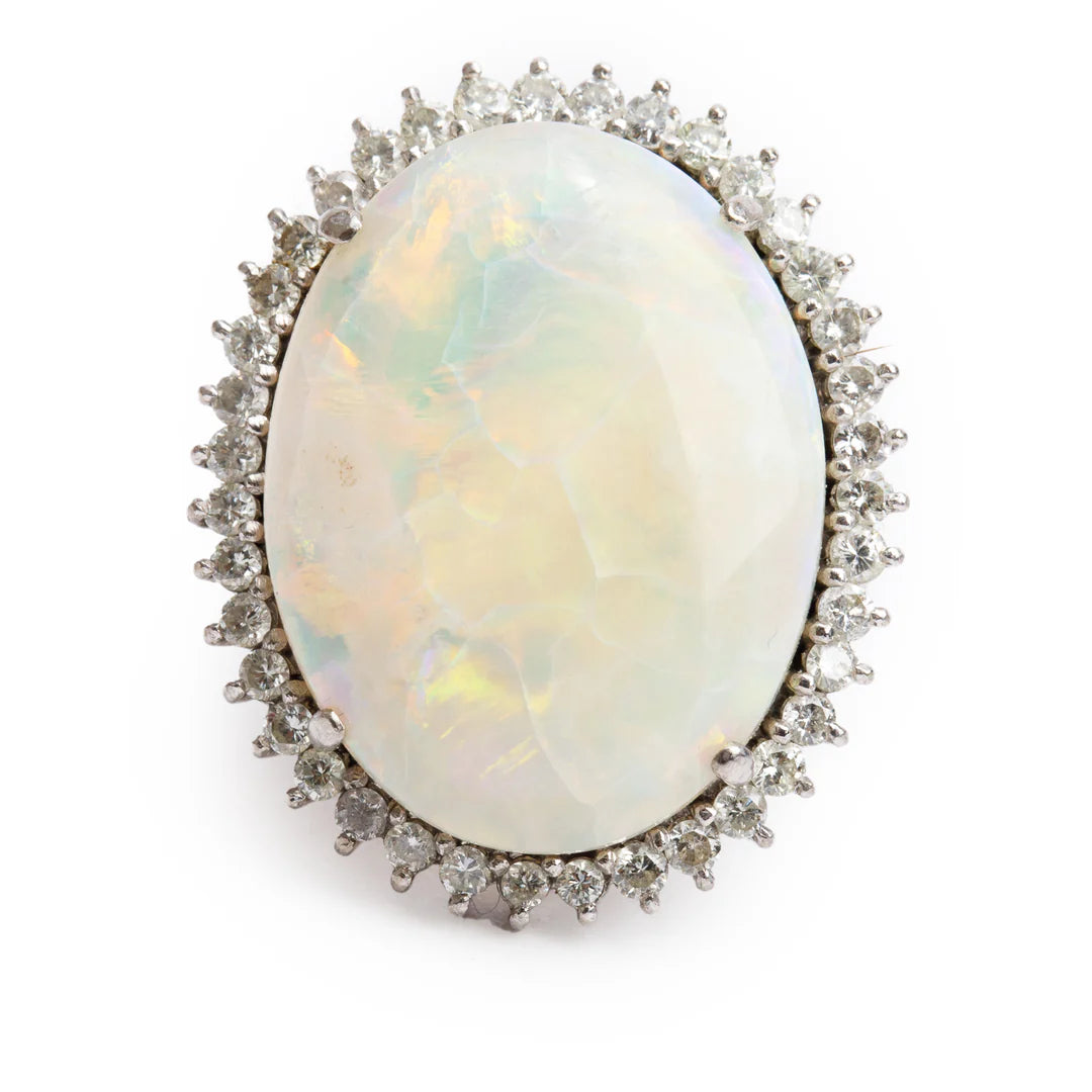 14k White Gold Opal and Diamond Cocktail Ring, Size 5