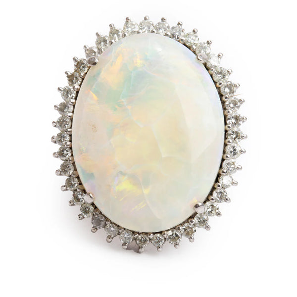 14k White Gold Opal and Diamond Cocktail Ring, Size 5