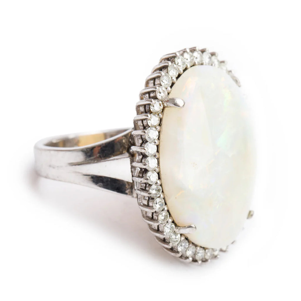 14k White Gold Opal and Diamond Cocktail Ring, Size 5