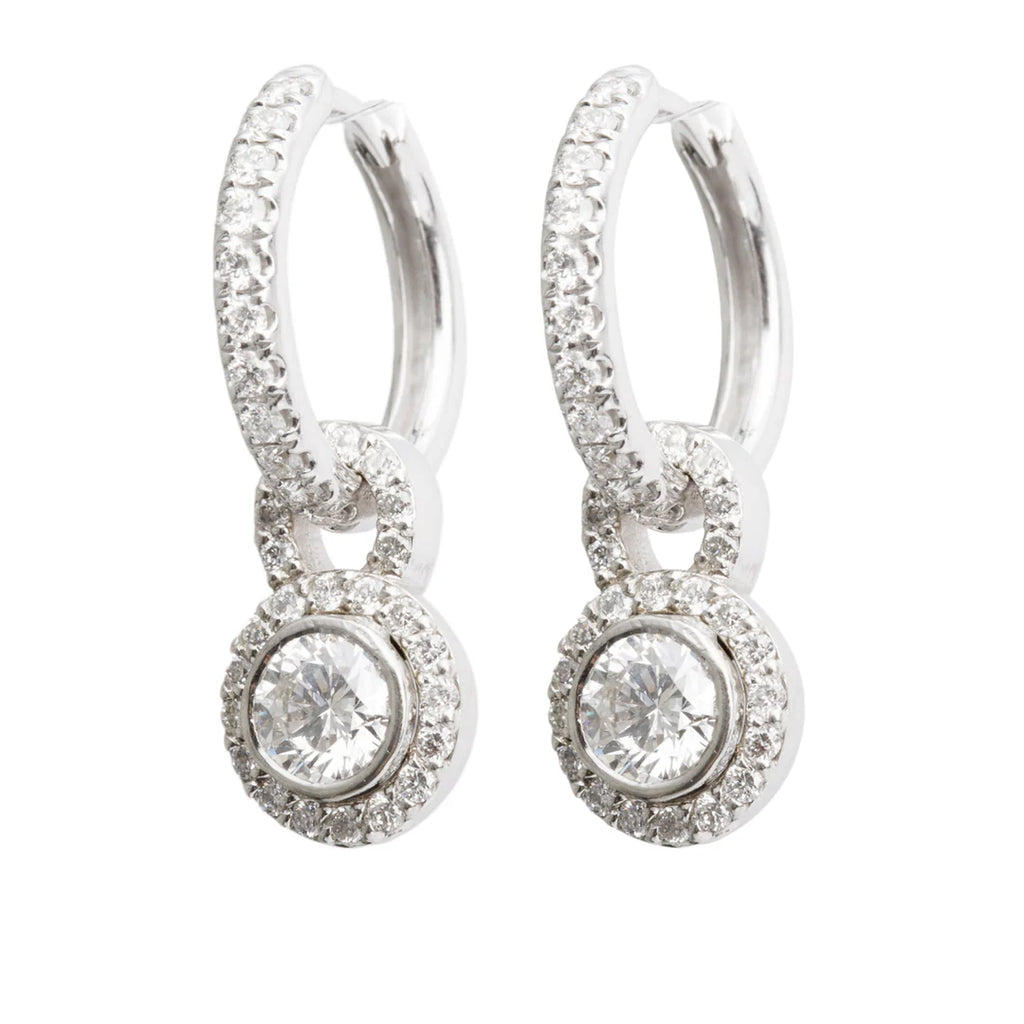 14k White Gold Diamond Huggie Drop Earrings