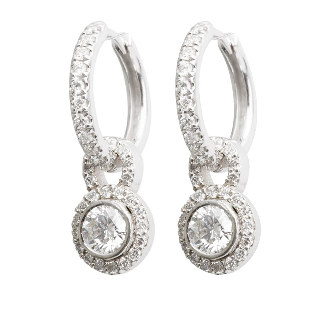 14k White Gold Diamond Huggie Drop Earrings