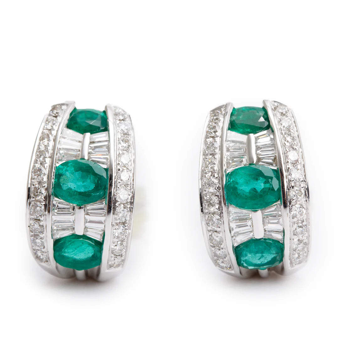 18k White Gold Emerald &amp; Diamond Huggie Earrings