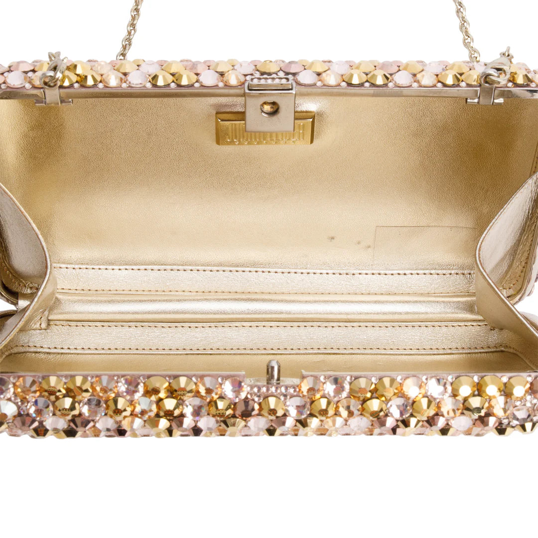 Gold Sleek Rectangle Gems Clutch w/ Chain