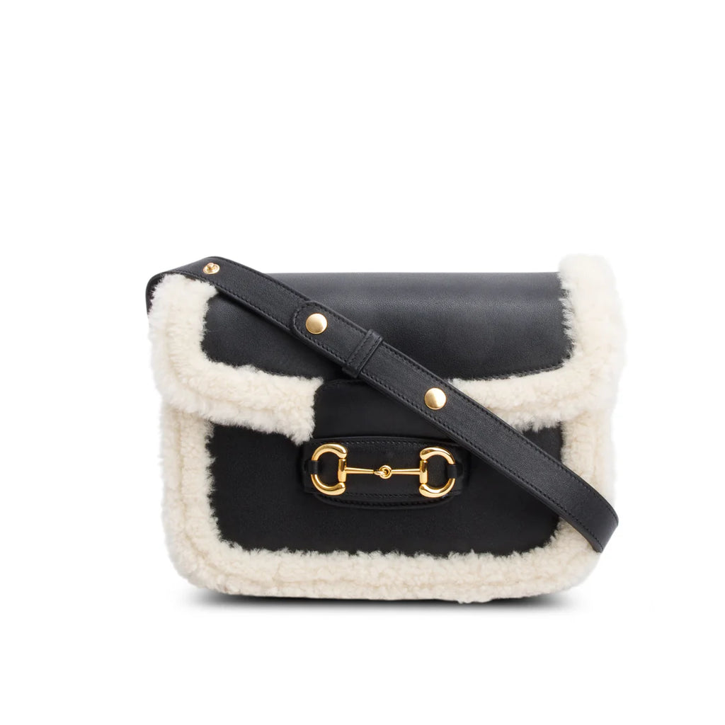 Black Leather Shearling Trim Horsebit 1955 Small Shoulder Bag