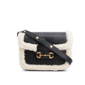 Black Leather Shearling Trim Horsebit 1955 Small Shoulder Bag