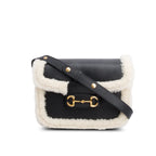 Black Leather Shearling Trim Horsebit 1955 Small Shoulder Bag