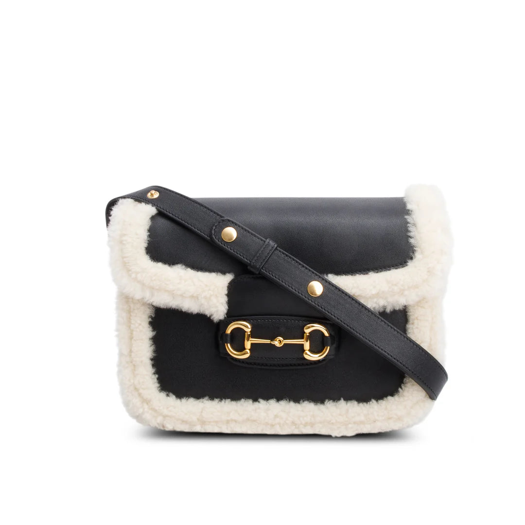 Black Leather Shearling Trim Horsebit 1955 Small Shoulder Bag