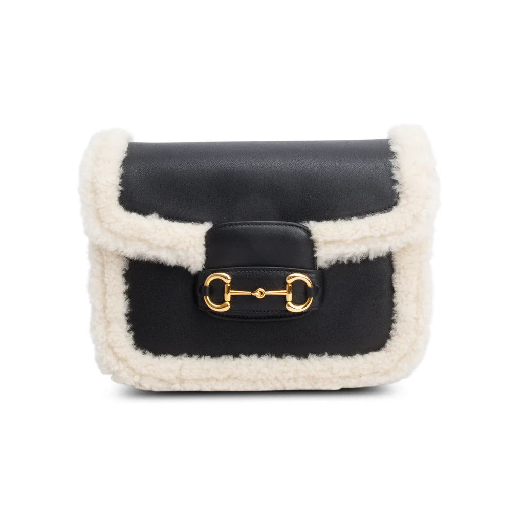 Black Leather Shearling Trim Horsebit 1955 Small Shoulder Bag