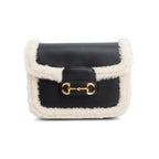 Black Leather Shearling Trim Horsebit 1955 Small Shoulder Bag
