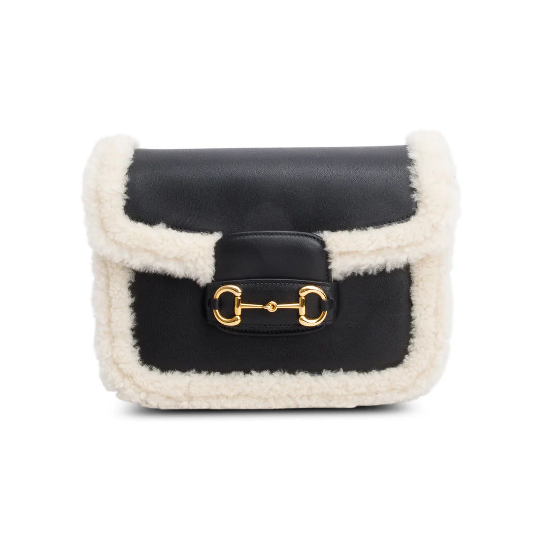 Black Leather Shearling Trim Horsebit 1955 Small Shoulder Bag