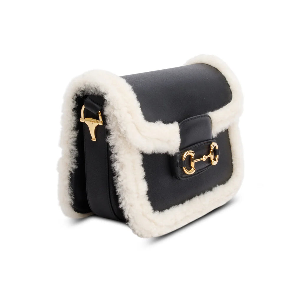 Black Leather Shearling Trim Horsebit 1955 Small Shoulder Bag