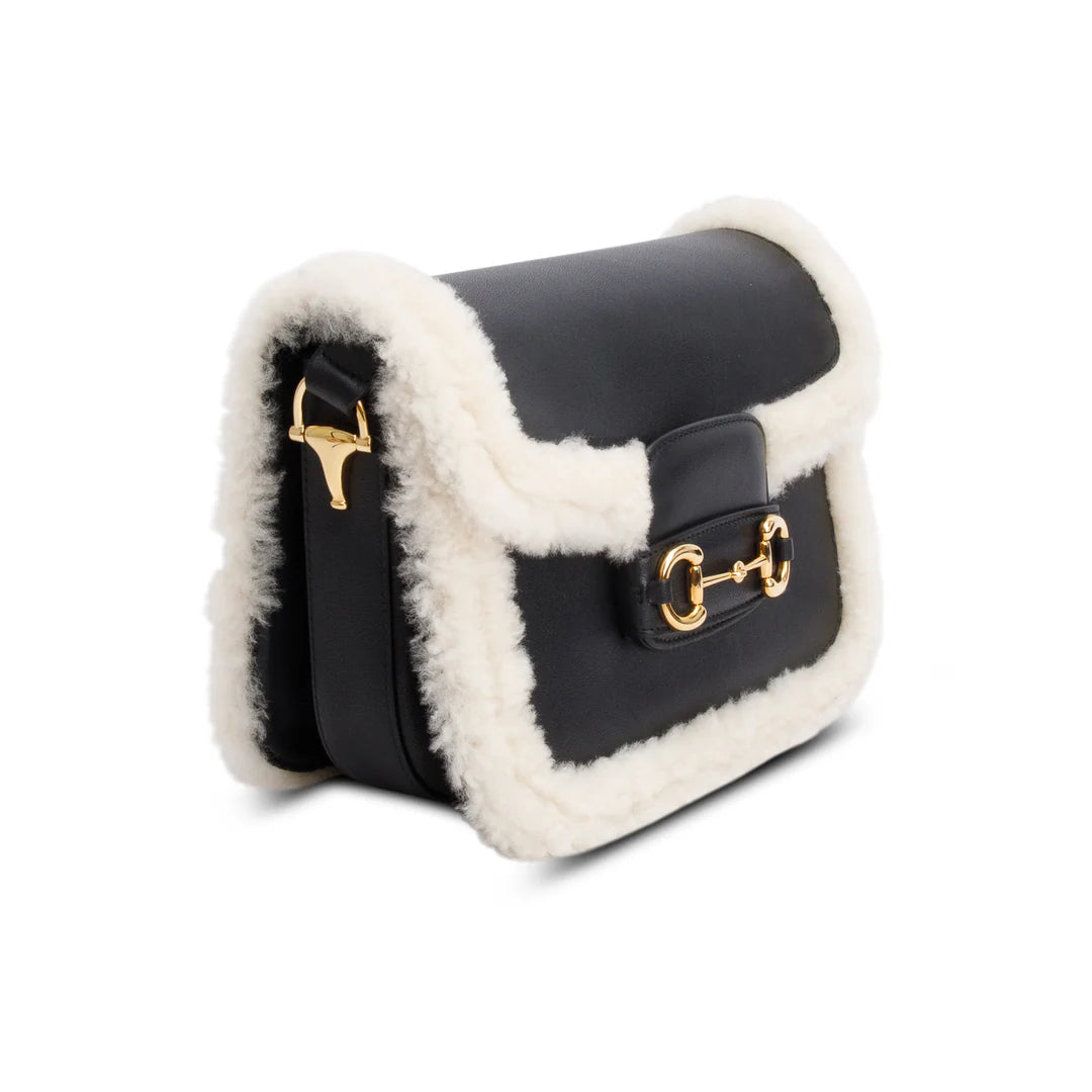 Black Leather Shearling Trim Horsebit 1955 Small Shoulder Bag