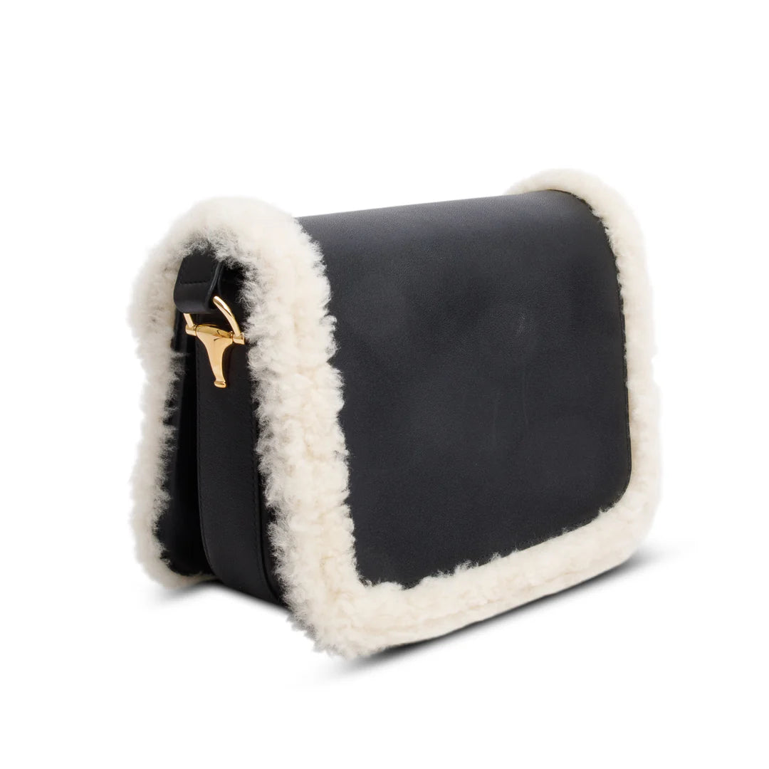 Black Leather Shearling Trim Horsebit 1955 Small Shoulder Bag