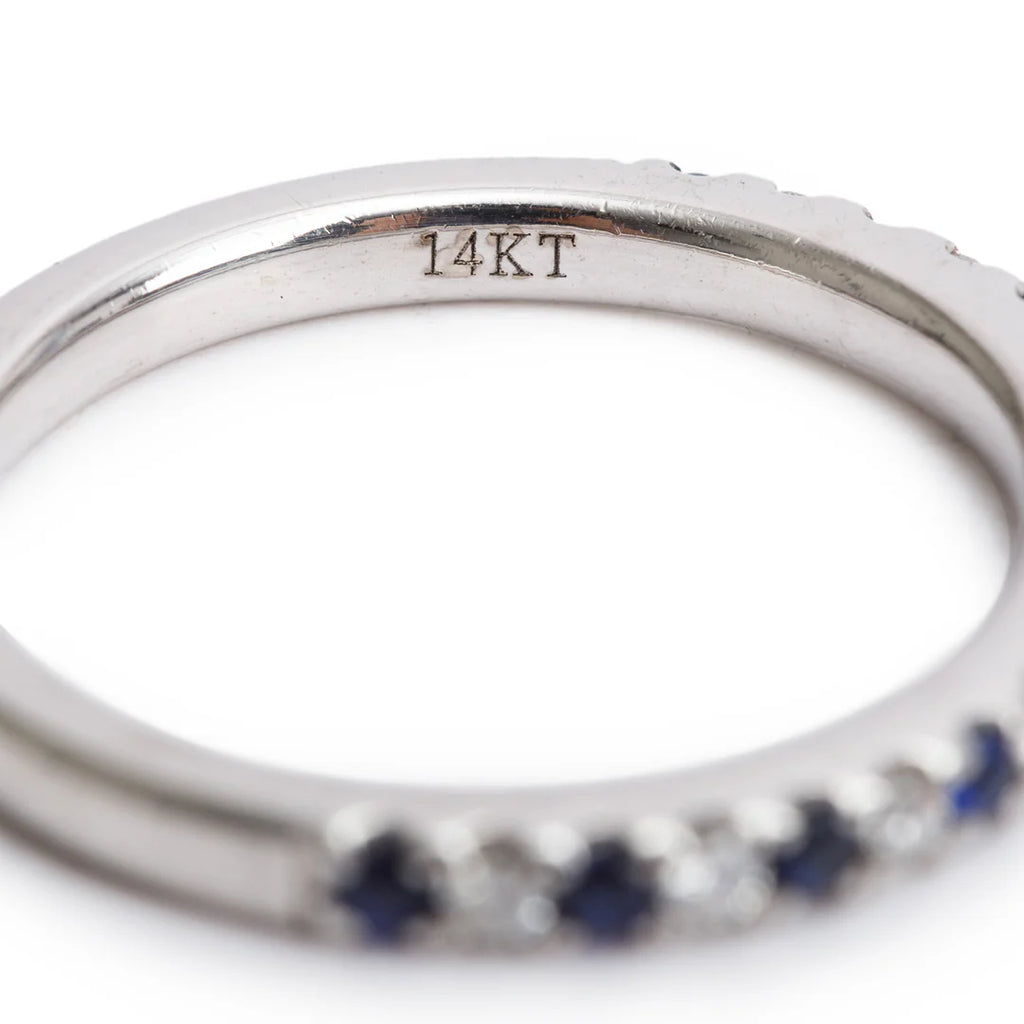 14k White Gold Sapphire &amp; Diamond Band Ring, Size 6.5