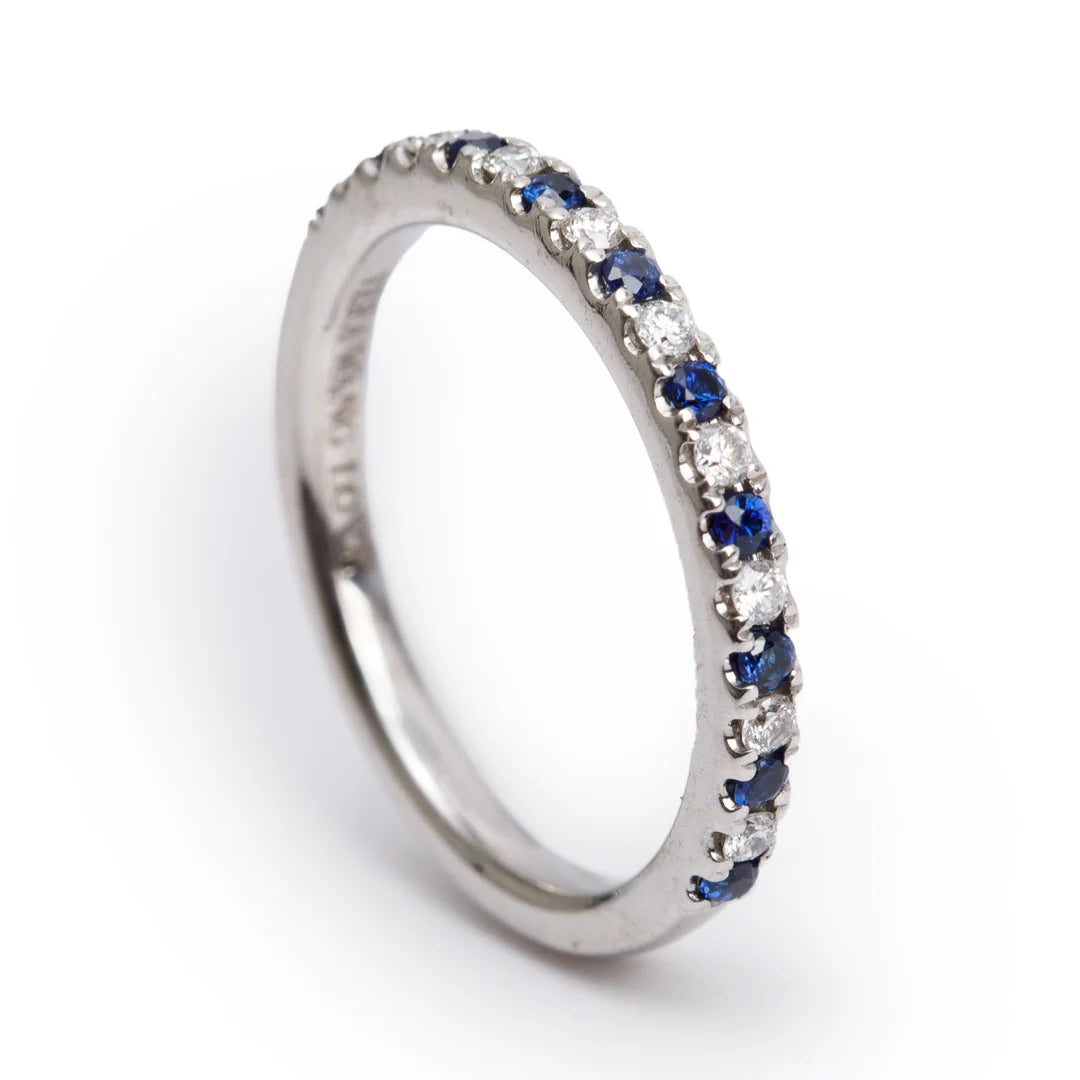 14k White Gold Sapphire &amp; Diamond Band Ring, Size 6.5