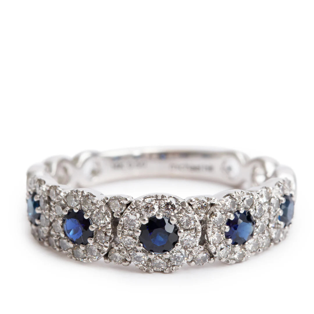 14k White Gold Sapphire and Diamond Band Ring, Size 7.25