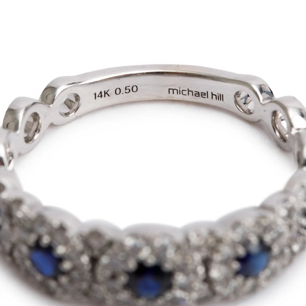 14k White Gold Sapphire and Diamond Band Ring, Size 7.25